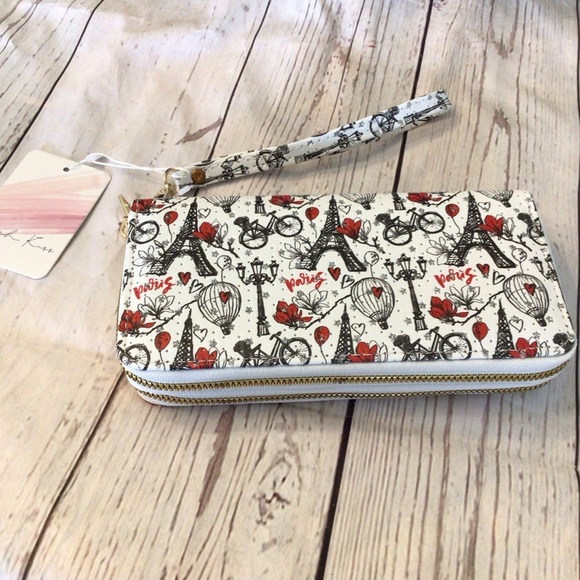 Blush Kiss Glitter Paris Eiffel Tower Floral Air Balloon Print Wristlet Wallet - Picture 3 of 9